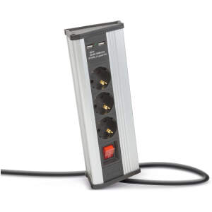Afbeelding van Hoekstekkerdoos met schakelaar, 3 x 250V/16A stopcontacten + 2 x USB 2,1A, aluminium behuizing, kinderveilig,