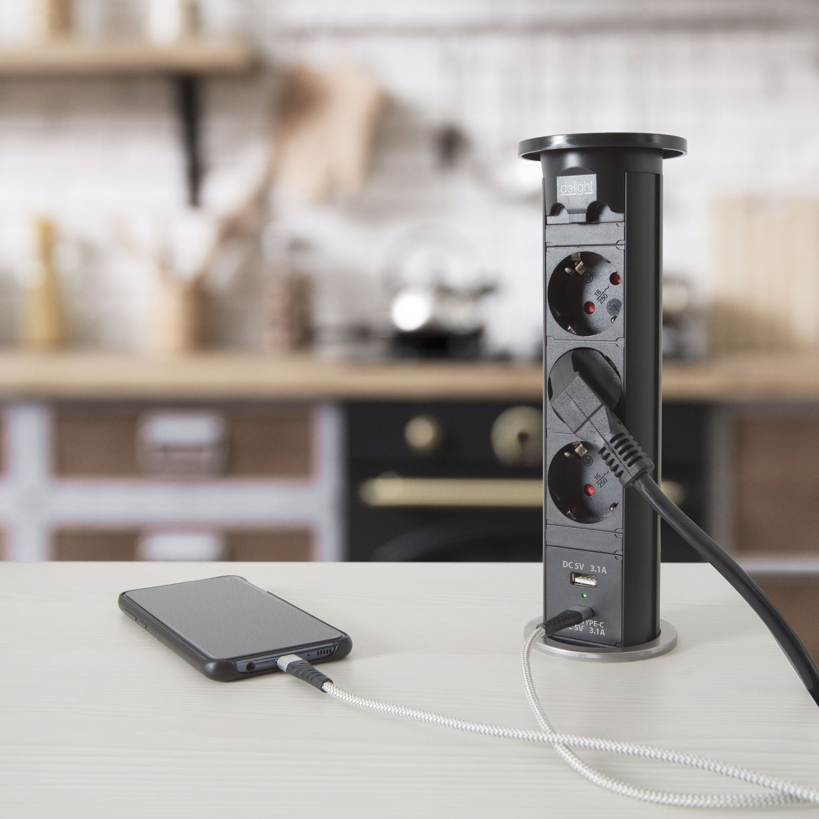 Afbeelding van Gemotoriseerde Pop-up Inbouw Stekkerdoos - Zwart, 3 Childproof Stopcontacten + 2 USB (3,1 A), 3500 W, 230V AC