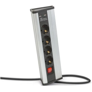 Afbeelding van Hoekstekkerdoos met schakelaar, 4 x 250V/16A sockets + 2 x USB 2,1A, aluminium behuizing, kinderveilig, 1,5 m