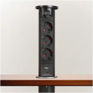 Afbeelding van Gemotoriseerde Pop-up Inbouw Stekkerdoos - Zwart, 3 Childproof Stopcontacten + 2 USB (3,1 A), 3500 W, 230V AC