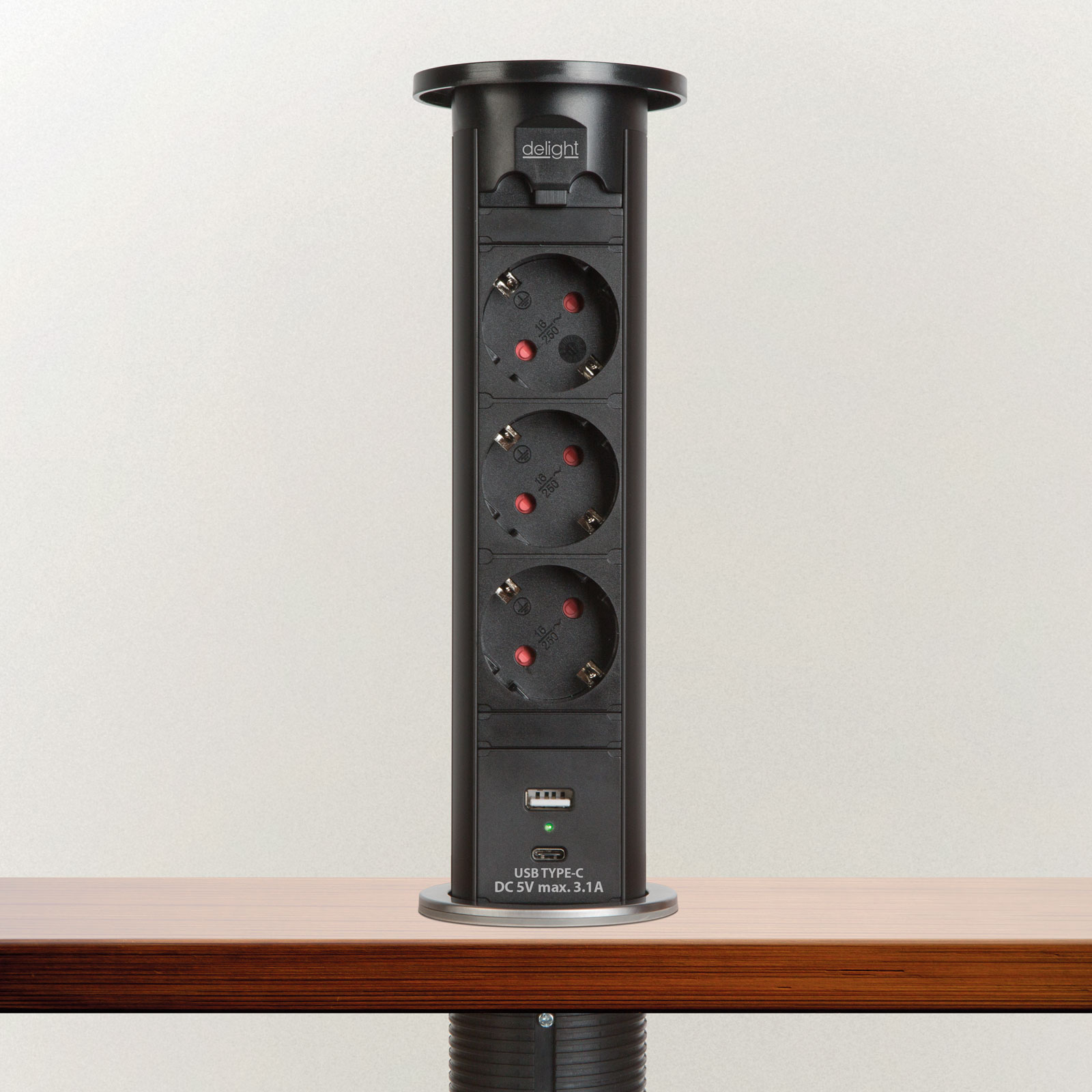 Afbeelding van Gemotoriseerde Pop-up Inbouw Stekkerdoos - Zwart, 3 Childproof Stopcontacten + 2 USB (3,1 A), 3500 W, 230V AC