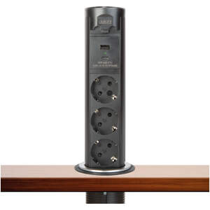 Afbeelding van Motoraangedreven Pop-up Inbouw Stopcontact - Zwart, 3-voudig met Kinderbeveiliging, USB-A & USB-C, 230V