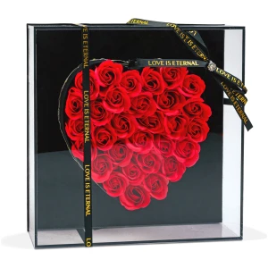 Afbeelding van Hartvormige Kunstrozen in Geschenkdoos – Met LED Verlichting – 29 x 29 x 6,2 cm – Rood/Zwart -