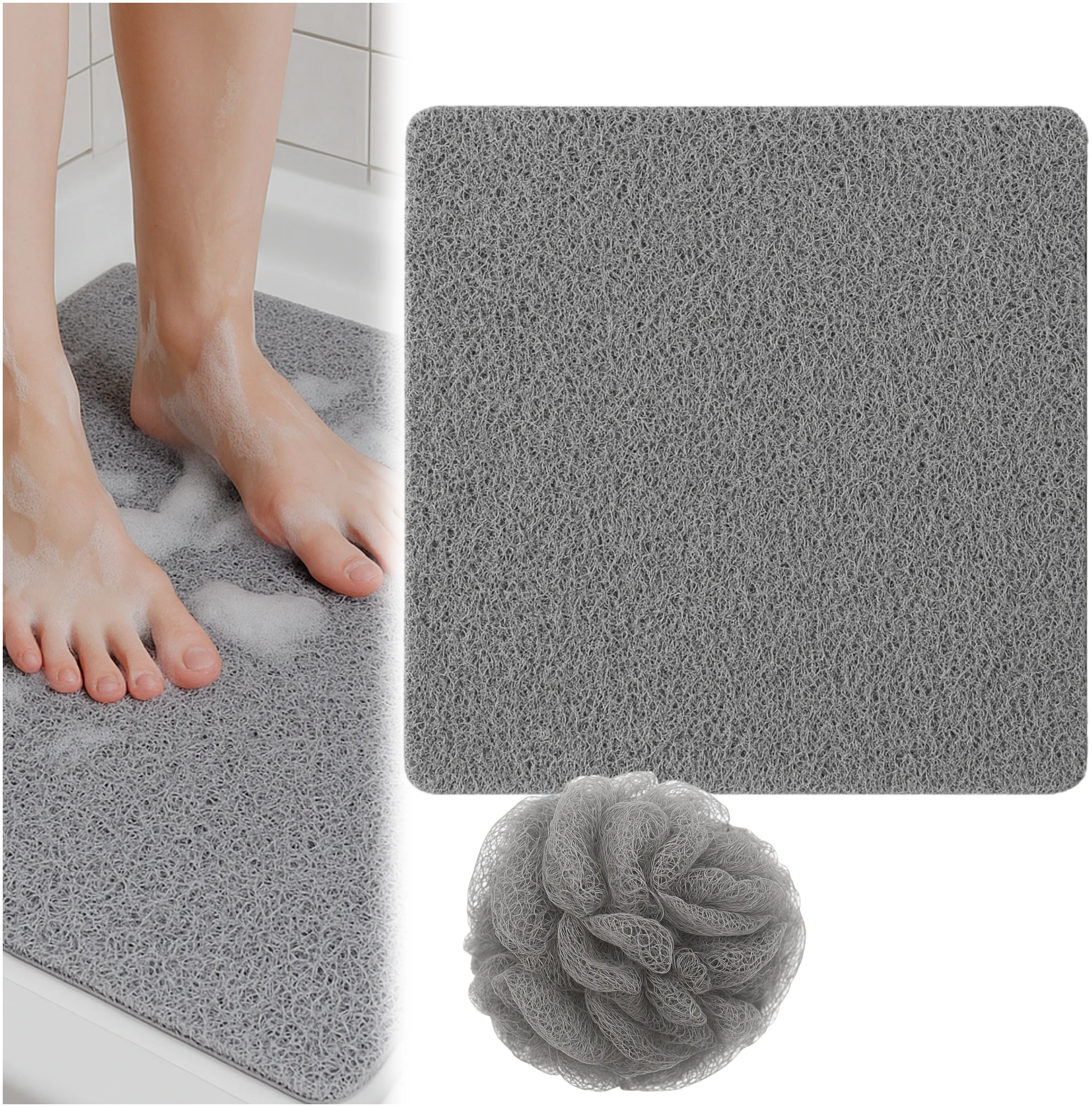 Afbeelding van HSXL - Antislipmat Douche Zacht & Waterdoorlatend - 60x60CM - Incl. Netspons - Antislip Douchemat Grijs