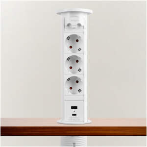 Afbeelding van Motoraangedreven Pop-up Inbouw Stopcontact - Wit, 3-voudig met Kinderbeveiliging, 2x USB (3,1A), 230V 16A,