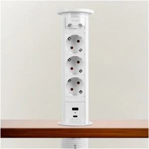 Afbeelding van Motoraangedreven Pop-up Inbouw Stopcontact - Wit, 3-voudig met Kinderbeveiliging, 2x USB (3,1A), 230V 16A,