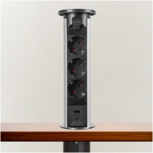 Afbeelding van Motoraangedreven Pop-up Inbouw Stopcontact - Zilver, 3-voudig met Kinderbeveiliging, 2x USB (3,1A), 230V 16A,