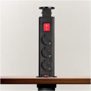 Afbeelding van Pop-up Inbouw Stopcontact 3-voudig met Schakelaar - Kindveilig | 3500W | 1,5m Kabel | Zwart Geborsteld Metaal