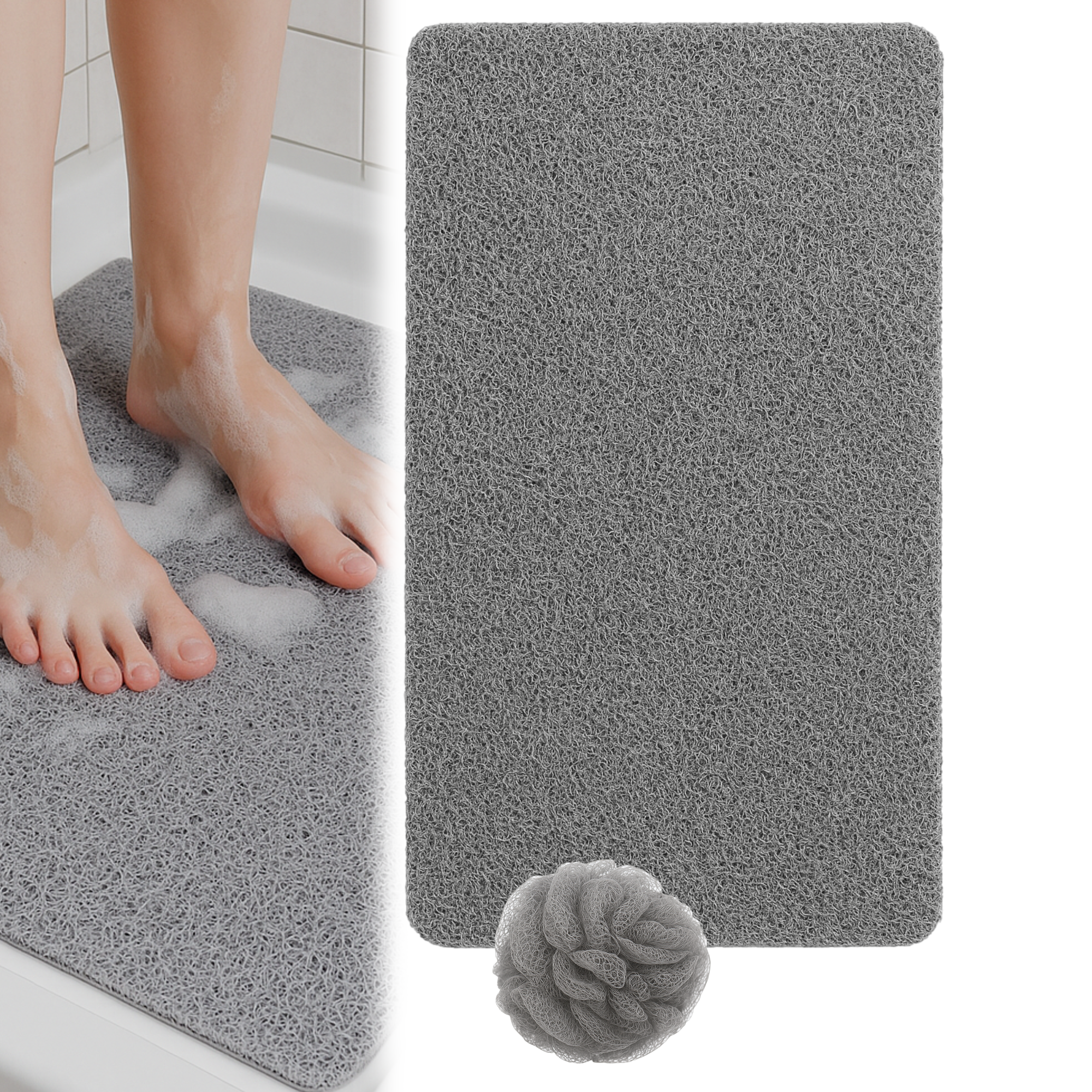 Afbeelding van HSXL - Antislipmat Douche Zacht & Waterdoorlatend - 70x40CM - Incl. Netspons - Antislip Douchemat Grijs