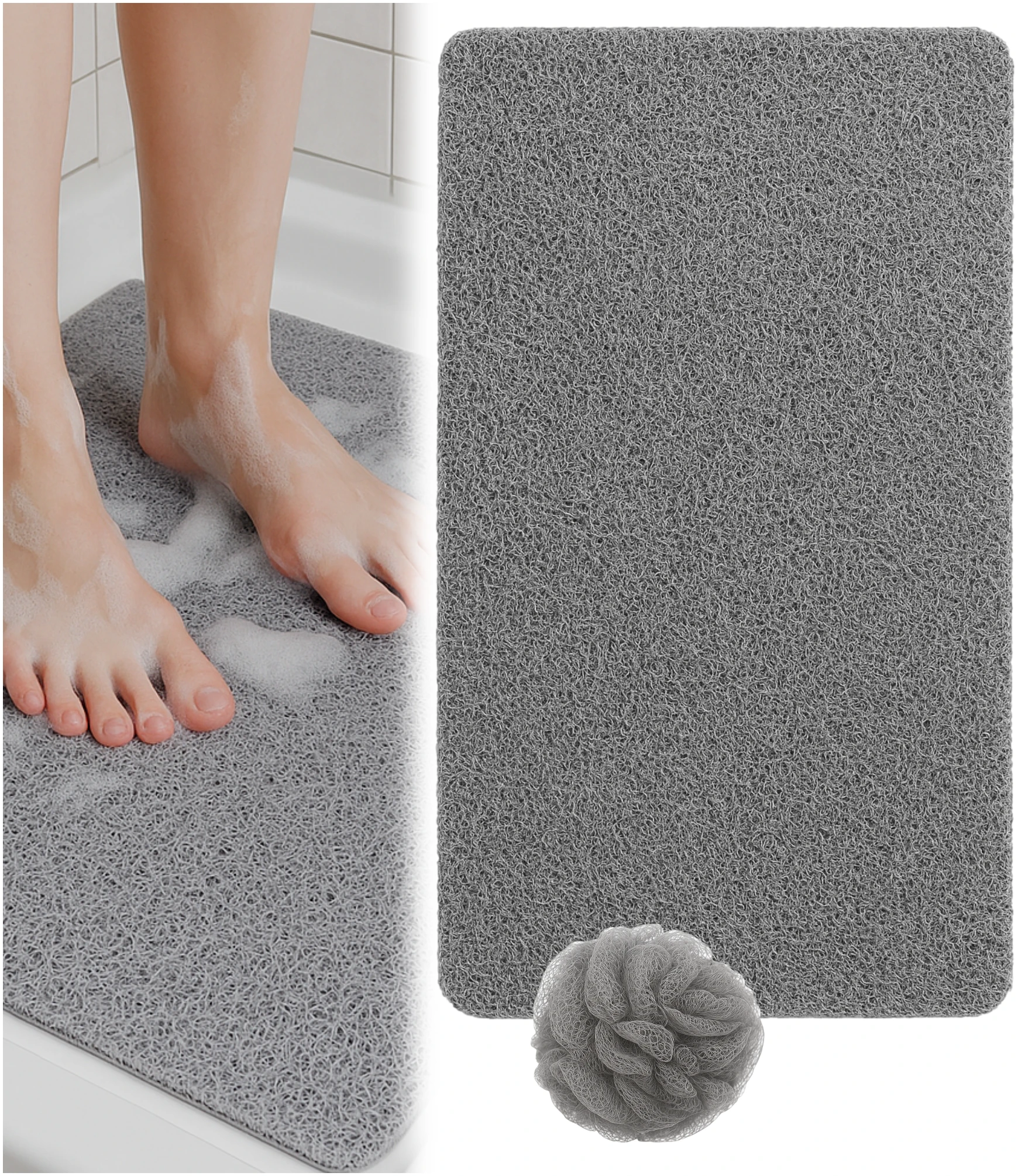 Afbeelding van HSXL - Antislipmat Douche Zacht & Waterdoorlatend - 70x40CM - Incl. Netspons - Antislip Douchemat Grijs