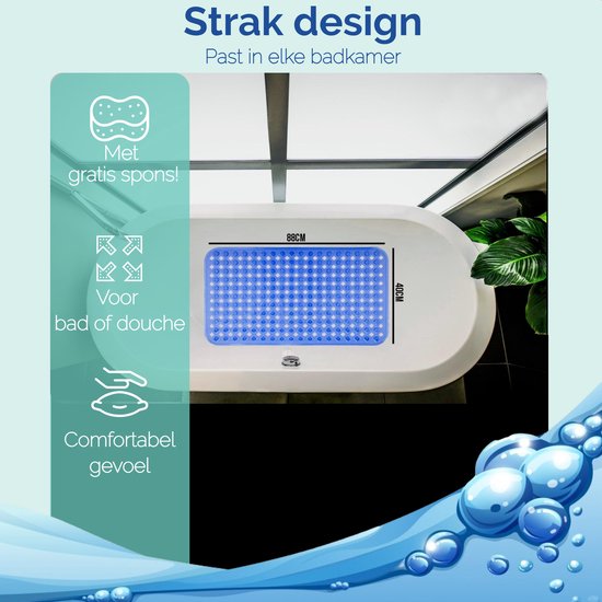 Afbeelding van HSXL - Antislipmat - 88x40CM - Incl. Netspons -Antislip Douchemat / Badmat Blauw met Zuignappen – Mat voor