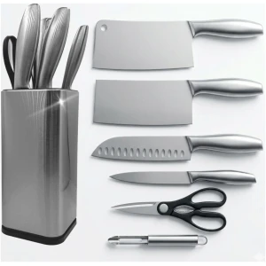 Afbeelding van Messenset met Messenblok – 7-delig – RVS Keukenmessen met Houder – Zwart/Zilver – Hakmes, Santoku