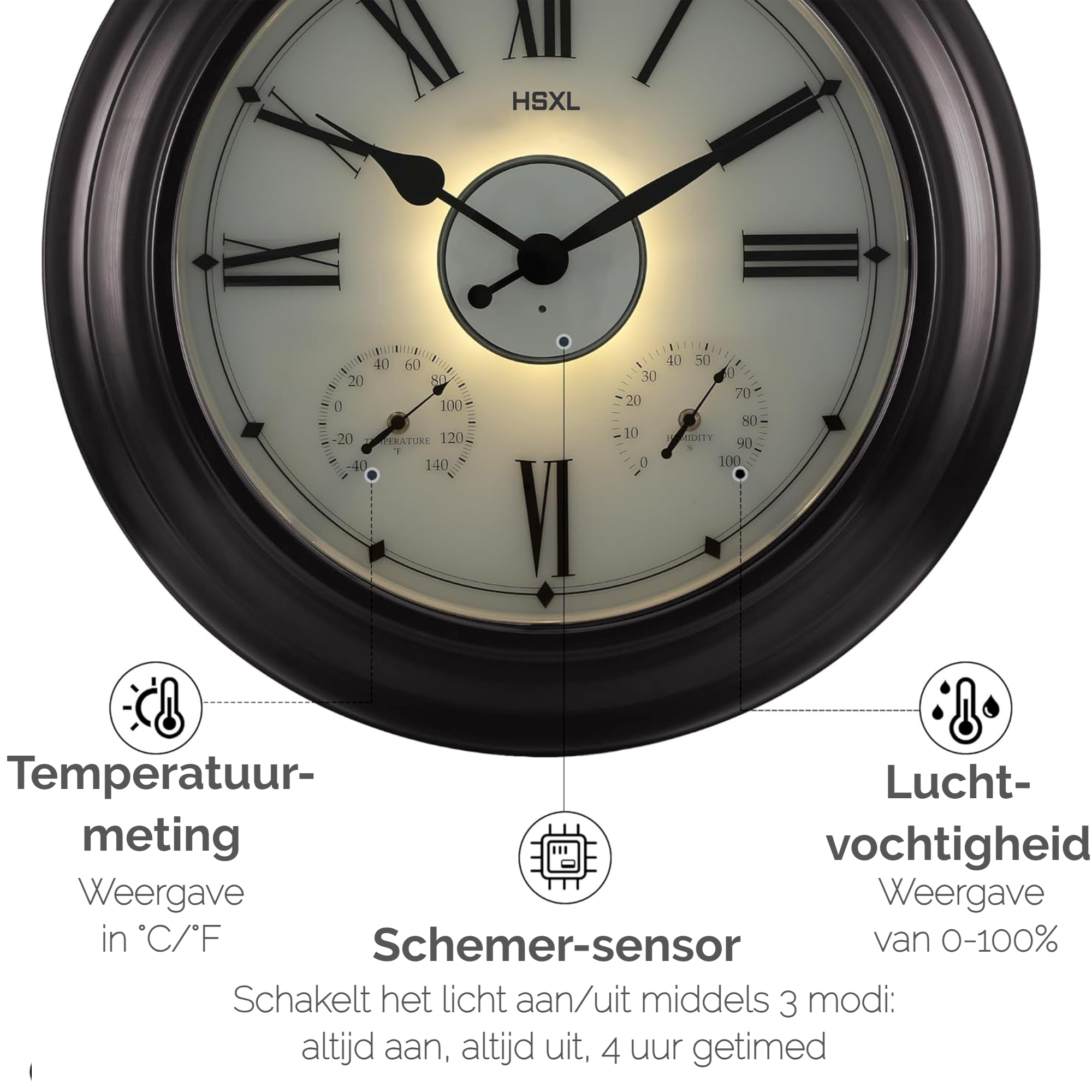 Afbeelding van Grote Wandklok 45 cm – Binnen/Buiten – Industrieel – Stil & Verlicht – Waterdicht – Met