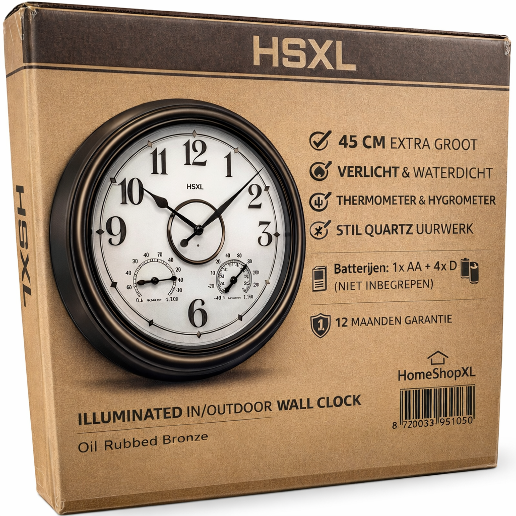Afbeelding van Grote Wandklok 45 cm – Binnen/Buiten – Industrieel – Stil & Verlicht – Waterdicht – Met