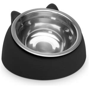 Afbeelding van Kattenvoerbak RVS – Katten Voerbak en Drinkbak – Kattenbakje met Houder – 14 cm – Zwart [60062B] -