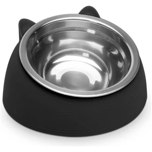 Afbeelding van Kattenvoerbak RVS – Katten Voerbak en Drinkbak – Kattenbakje met Houder – 14 cm – Zwart [60062B] -