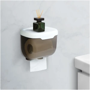 Afbeelding van Toiletrolhouder met Plankje – WC Rolhouder Kastje – Zelfklevend – 15,5 x 13 x 13 cm – Wit / Grijs