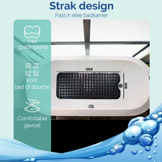Afbeelding van HSXL - Antislipmat - 100x40CM - Incl. Netspons - Antislip Douchemat / Badmat Zwart met Zuignappen – Mat