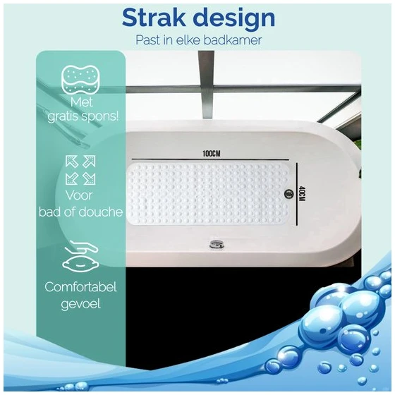 Afbeelding van HSXL - Antislipmat - 100x40CM - Incl. Netspons - Antislip Douchemat / Badmat Wit met Zuignappen – Mat voor