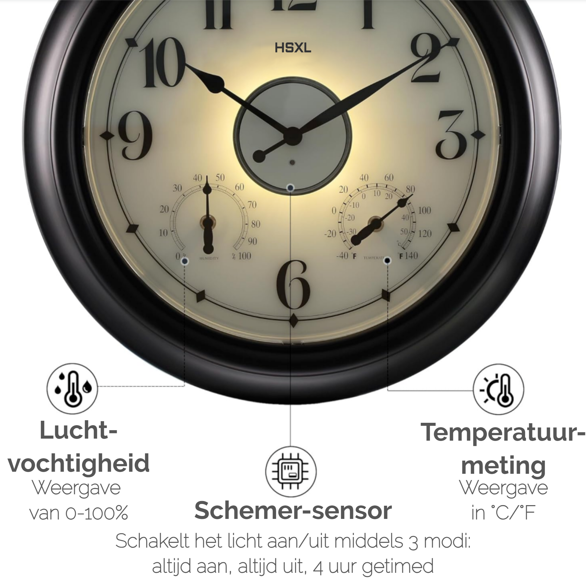 Afbeelding van Grote Wandklok 45 cm – Binnen/Buiten – Industrieel – Stil & Verlicht – Waterdicht – Met