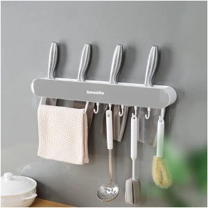 Afbeelding van Wand Organizer met 7 Haken – Zelfklevende Opberger – 35 cm – Badkamer & Keuken – Wit / Grijs
