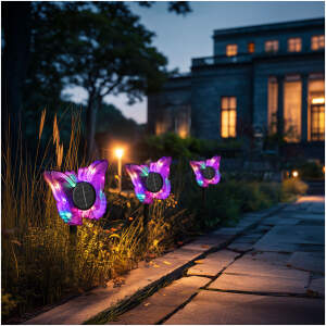 Afbeelding van Solar Tuinlamp Vlinder Paars – LED Buitenlamp – Kleurveranderend & Warm Wit – Steeklamp – IP44