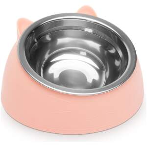 Afbeelding van Kattenvoerbak RVS – Katten Voerbak en Drinkbak – Kattenbakje met Kunststof Houder – 14 cm – Roze