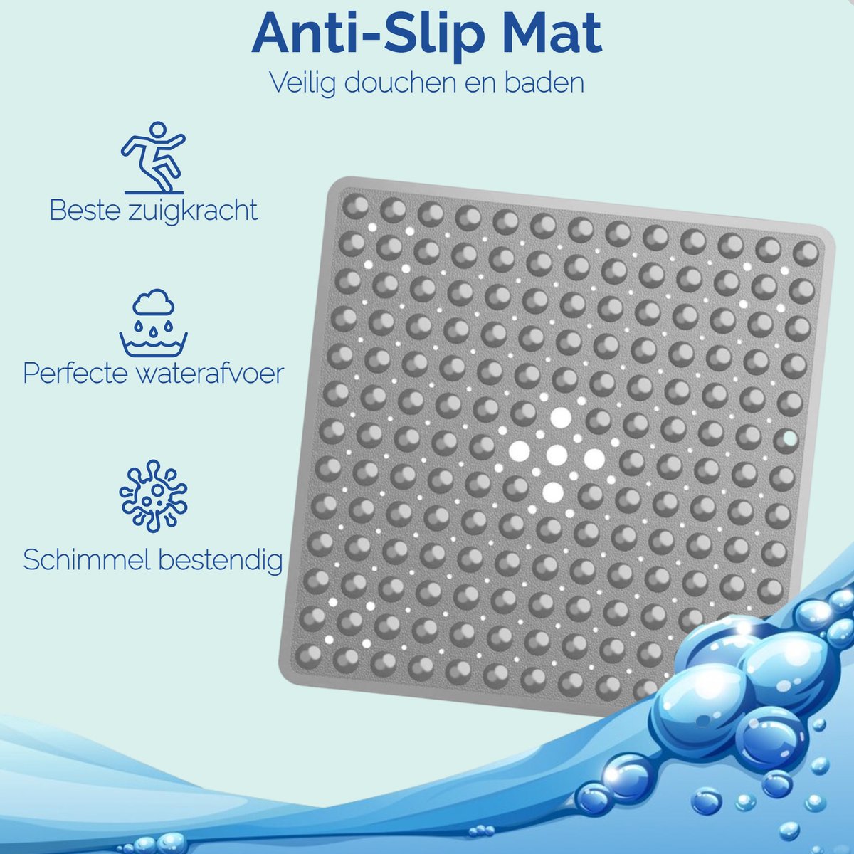 Afbeelding van HSXL - Antislipmat - 53x53CM - Incl. Netspons - Antislip Douchemat Grijs met Zuignappen – Anti Slip Douche