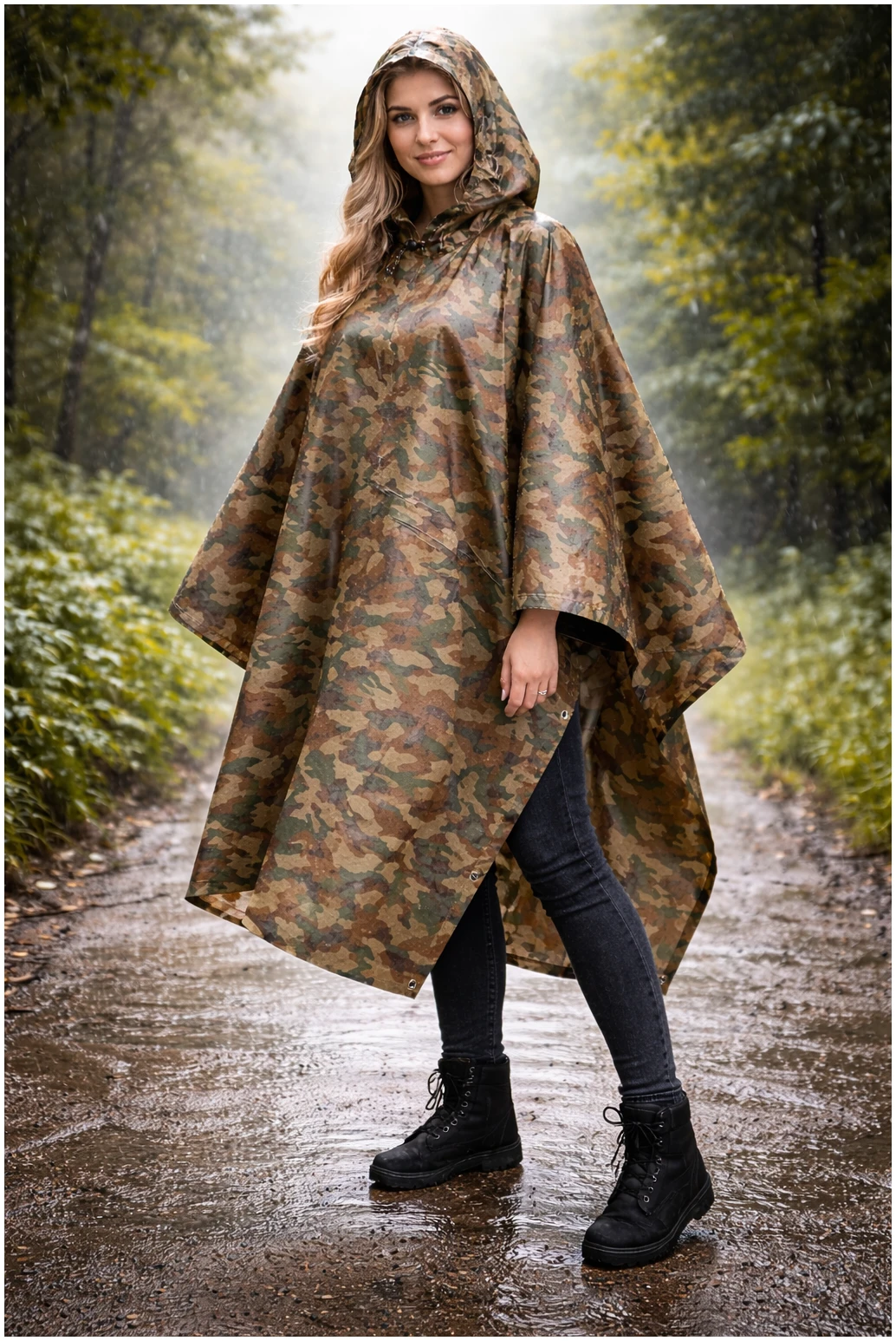 Afbeelding van Regenponcho Volwassenen Camouflage - Waterdichte Poncho Voor Fietsen, Wandelen En Outdoor - 210T Ripstop