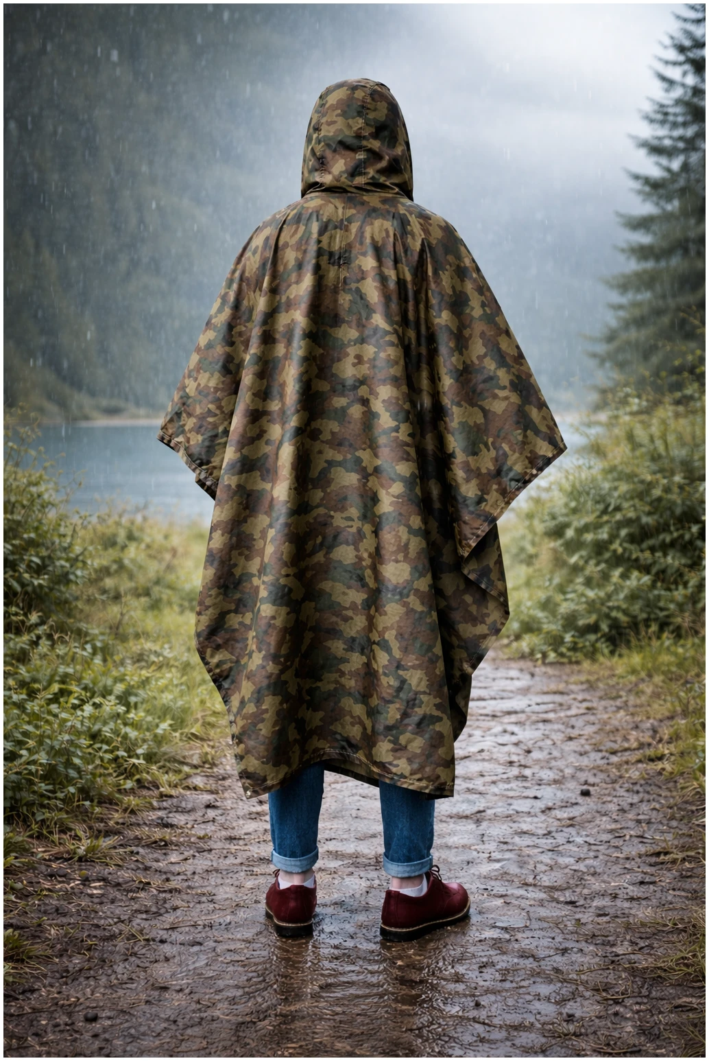 Afbeelding van Regenponcho Volwassenen Camouflage - Waterdichte Poncho Voor Fietsen, Wandelen En Outdoor - 210T Ripstop