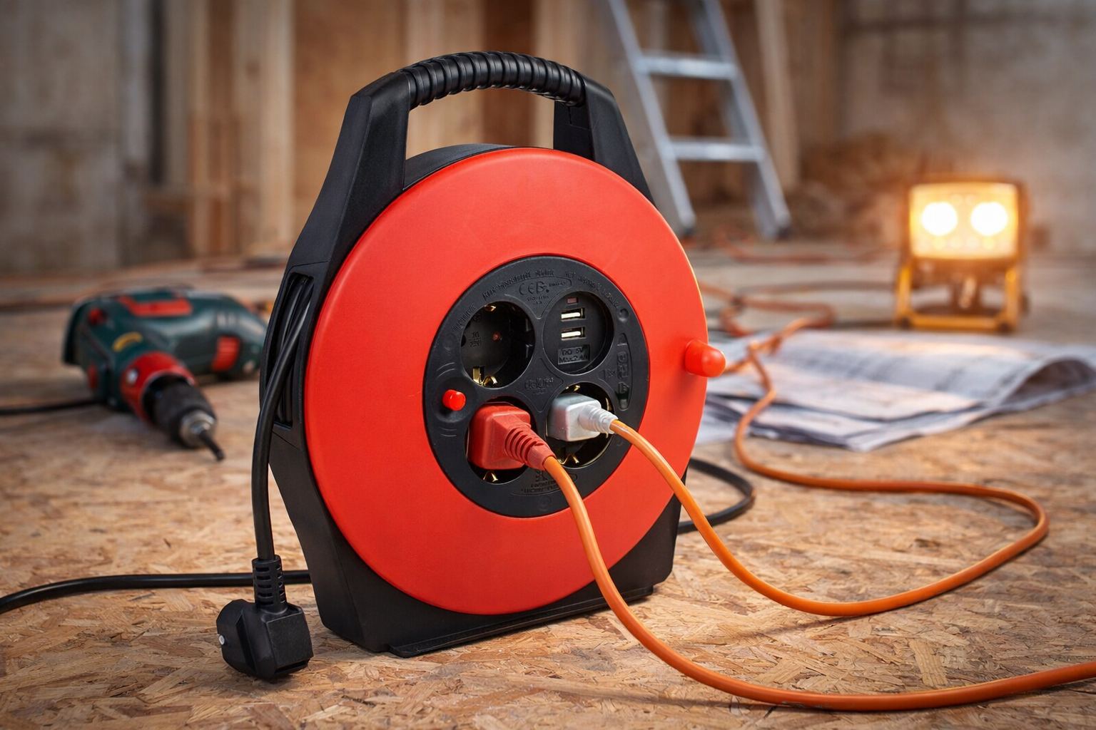 Afbeelding van Delight Kabelhaspel Verlengkabel op Rol – 10 Meter – 3x1.5 mm² – 3 Geaarde Stopcontacten – 2x USB-A