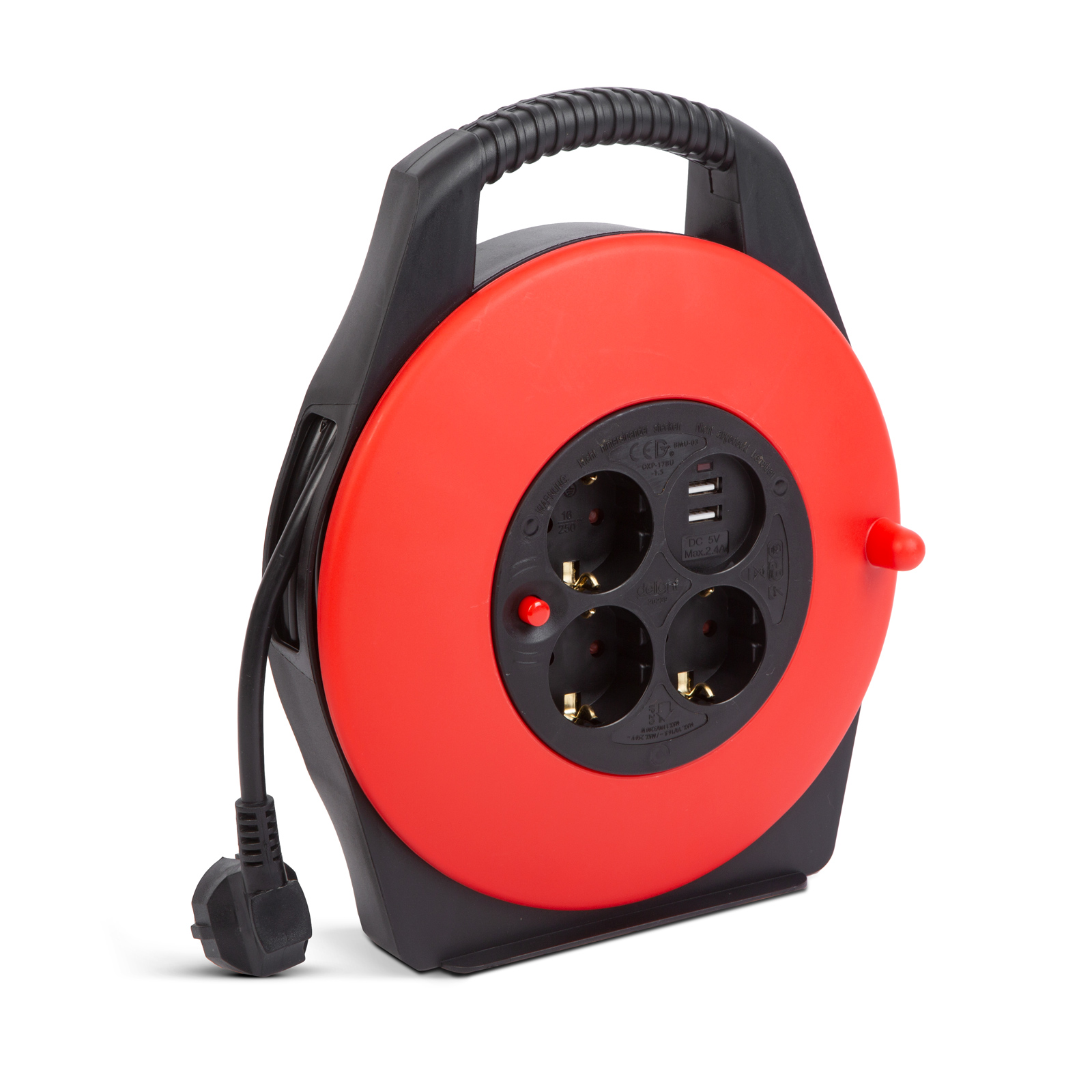 Afbeelding van Delight Kabelhaspel Verlengkabel op Rol – 10 Meter – 3x1.5 mm² – 3 Geaarde Stopcontacten – 2x USB-A