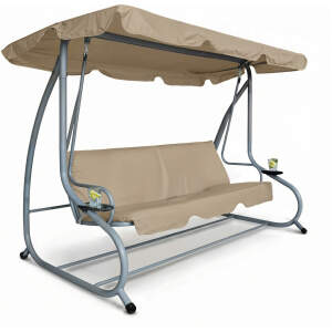 Afbeelding van 3 Persoons Schommelbank Tuin Donker Beige Met Dak En Bekerhouder - Luxe Tuinschommel Metaal - Weerbestendig -
