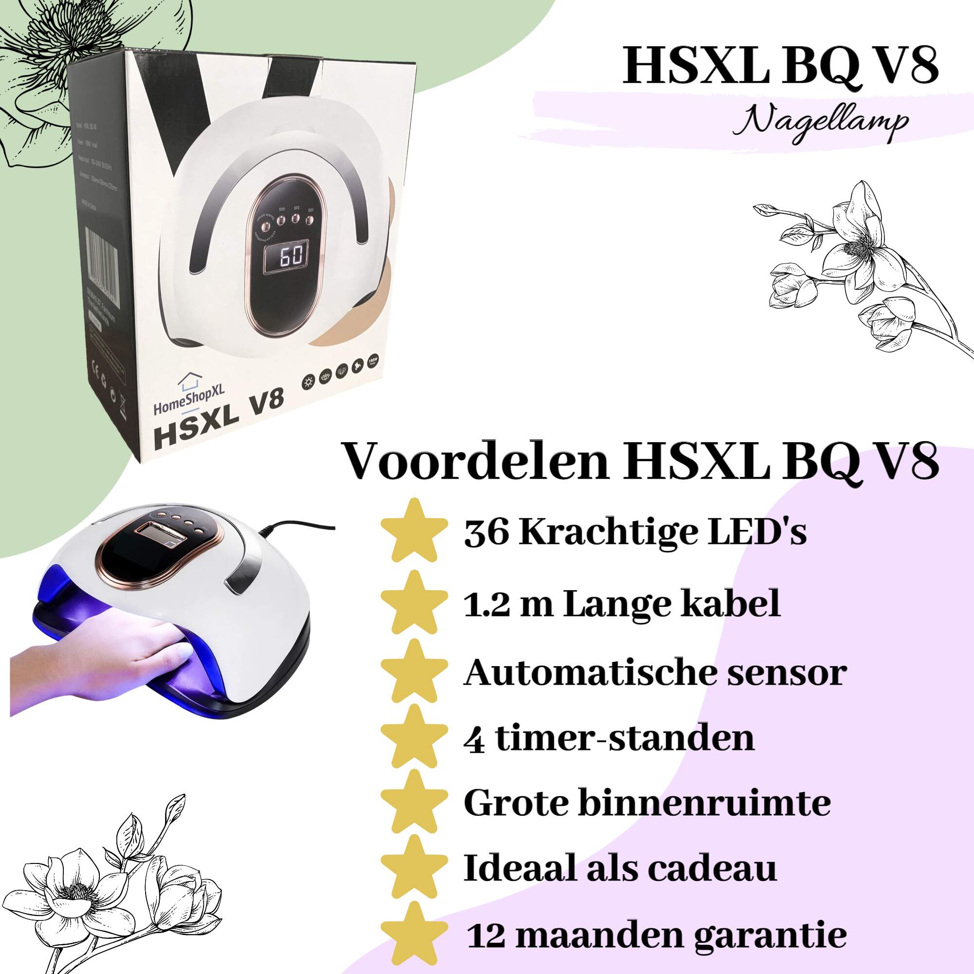 Afbeelding van HSXL V8 UV LED Nagellamp 168W - Nageldroger voor Gelnagels en Gellak - 36 LED Lampjes - Timer 30/60/99 sec -