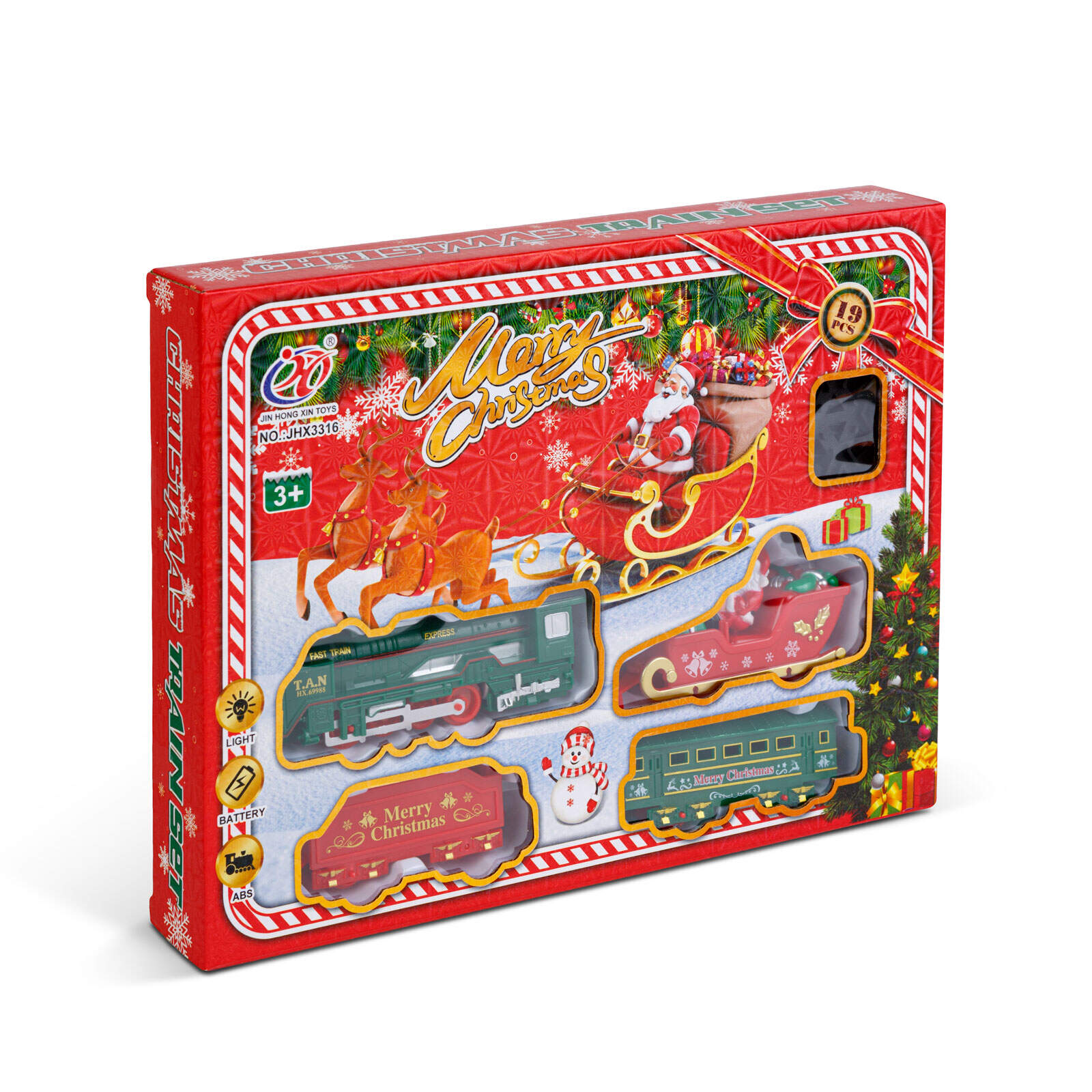 Afbeelding van Kersttrein met licht – 19-delige set – 3 sporen (rond, ovaal, figuur-8) – Batterij aangedreven –