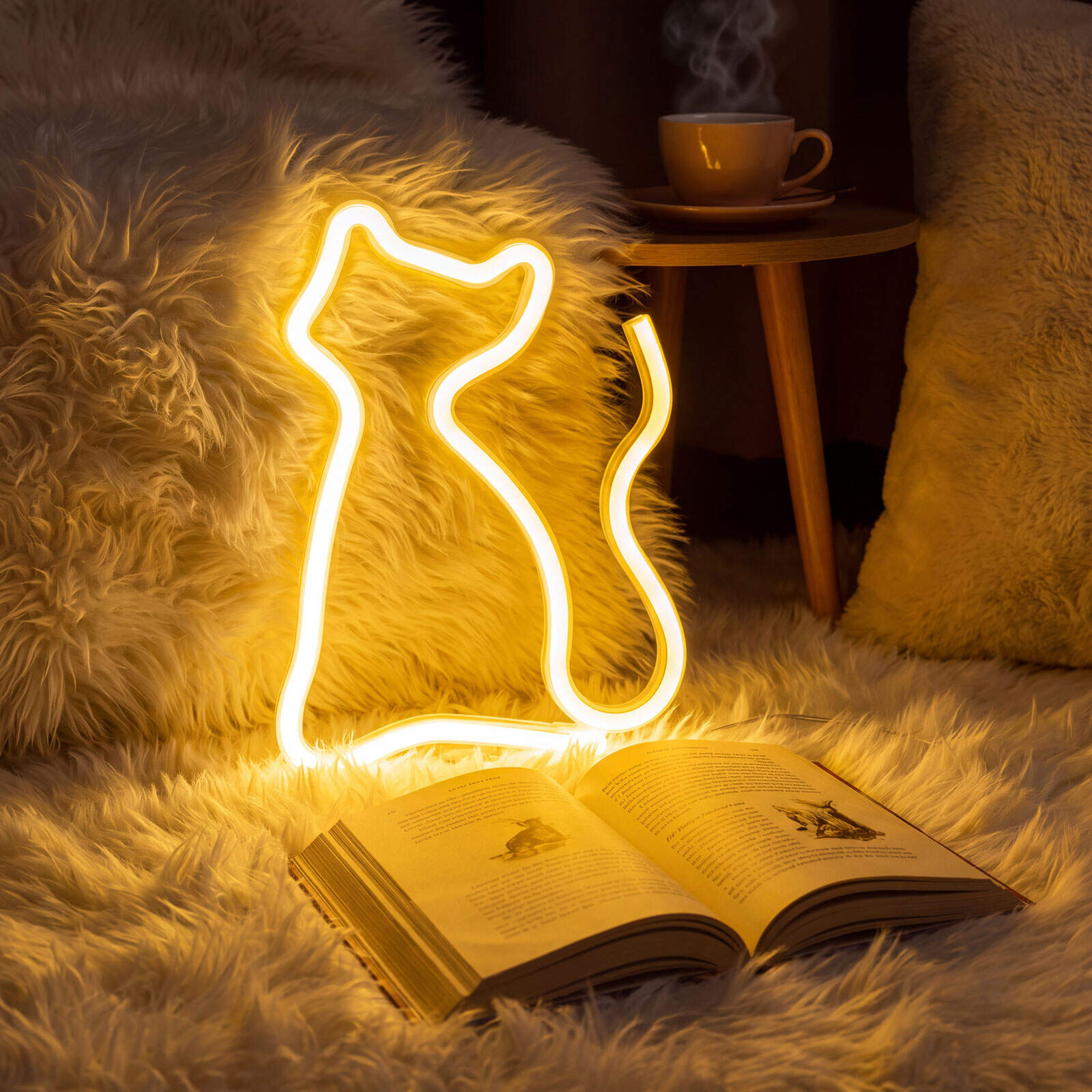 Neon LED Lamp Kat – Warm Wit – USB & Batterij – Decoratieve Tafellamp voor Kinderkamer – 28,5 x 24,5 cm