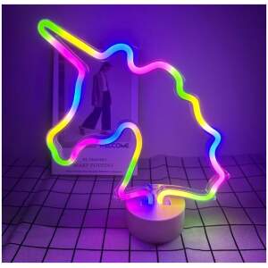 Neon LED Lamp Eenhoorn – Multicolor – USB & Batterij – Unicorn Kinderkamer Decoratie – 28,5 x 24,5 cm
