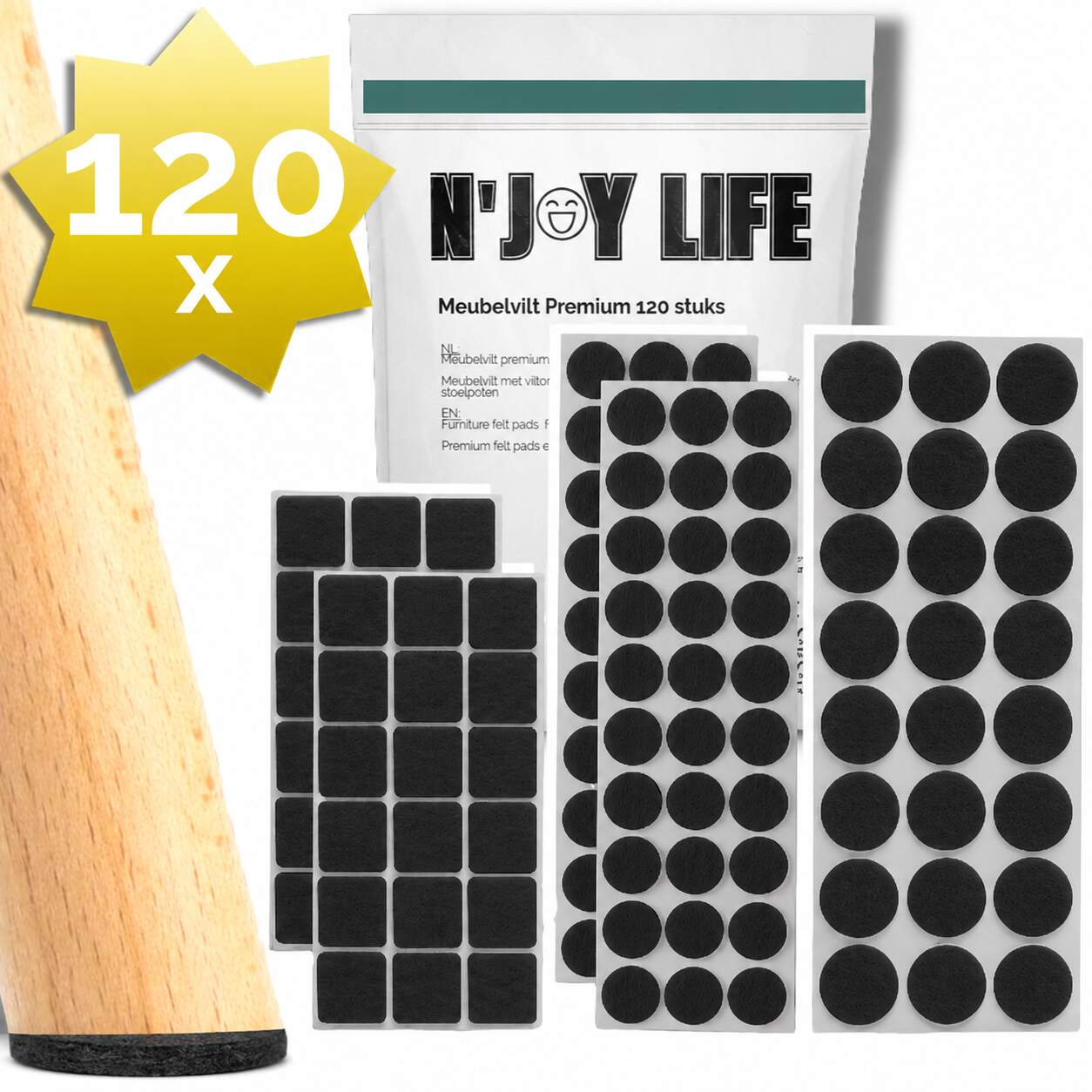 120x N'JOY LIFE Premium Viltjes Stoelpoten - Zwart - Zelfklevend Anti Kras Meubelvilt voor Meubels - 120 stuks - Rond en Vierkant - Zelfklevende Stoelpoot Beschermers - Meubelglijders Antikras Vilt voor Stoel - Bank - Tafel - Elektrische Apparatuur - BPK