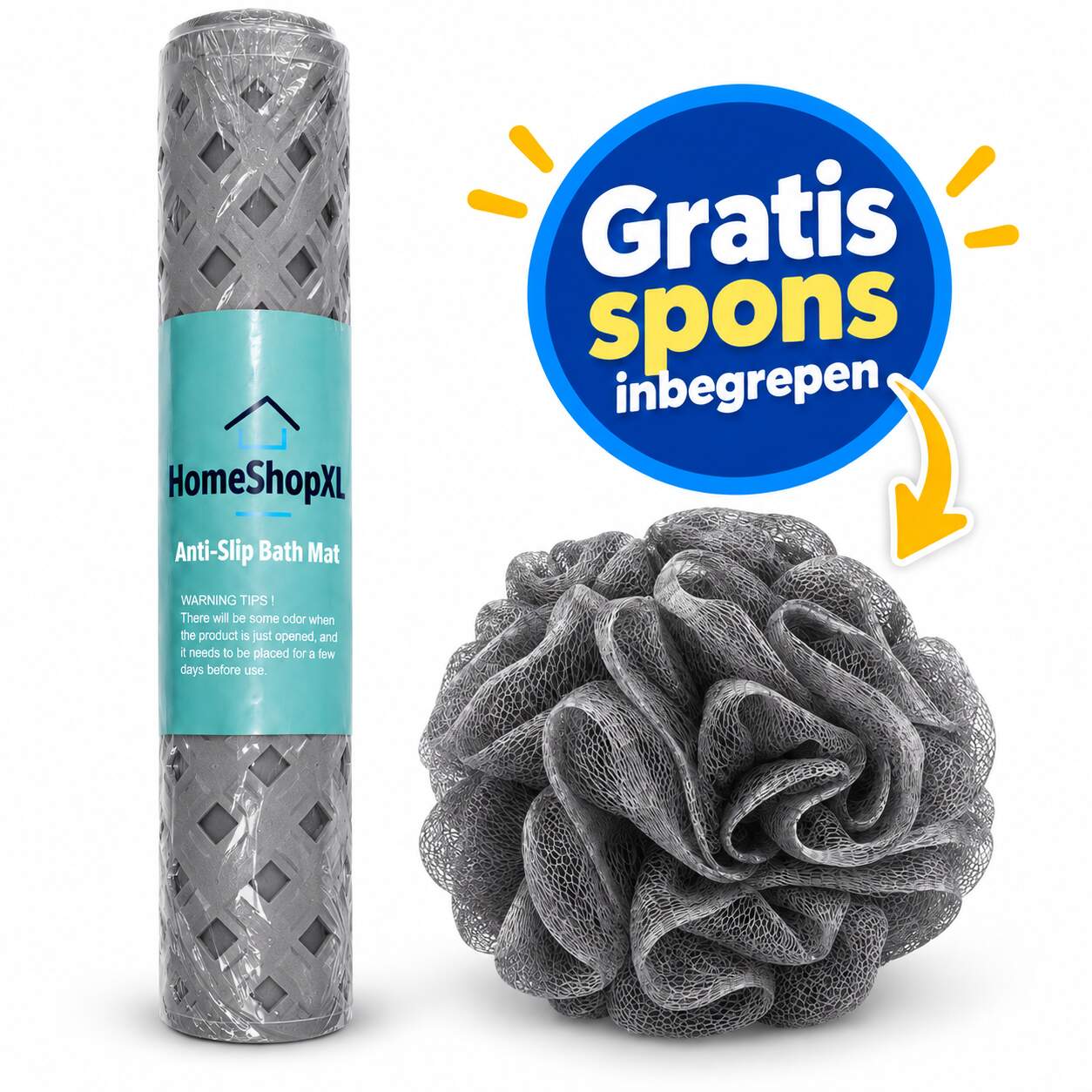 HSXL - Antislipmat - 88x40CM - Incl. Netspons - Antislip Douchemat / Badmat Grijs met Zuignappen – Mat voor in bad – Anti Slip Douche Cabine Mat – Mat voor in de Badkamer - Badkamer accessoires