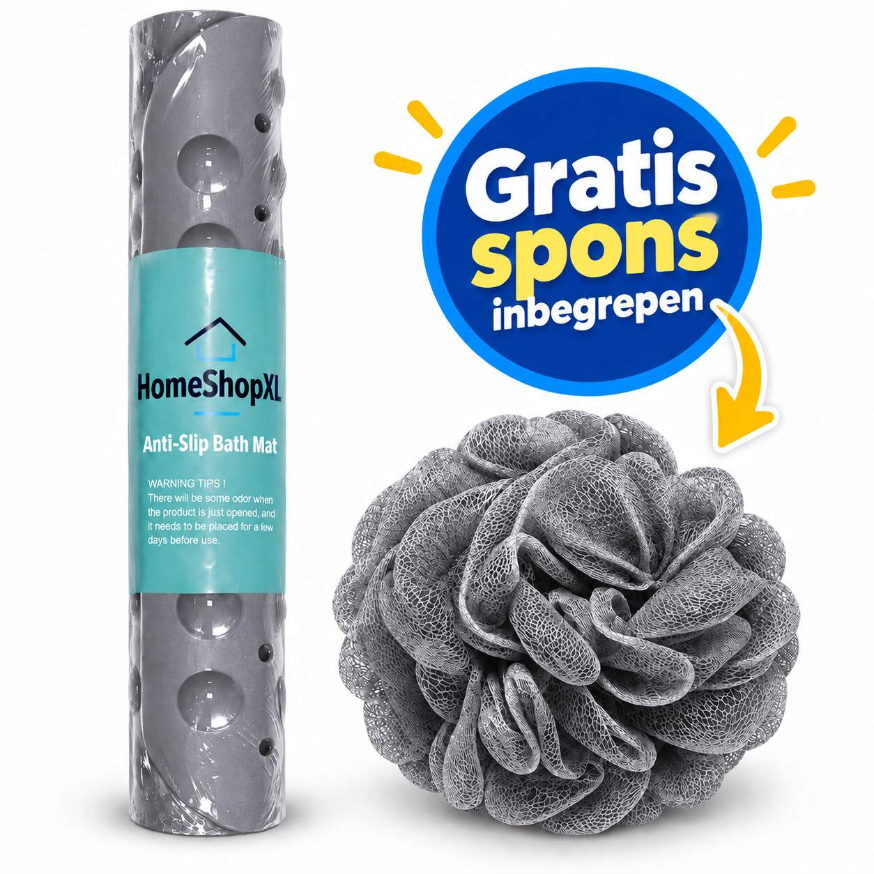 HSXL - Antislipmat - 100x40CM - Incl. Netspons - Antislip Douchemat / Badmat Grijs met Zuignappen – Mat voor in bad – Anti Slip Douche Cabine Mat – Mat voor in de Badkamer - Badkamer accessoires