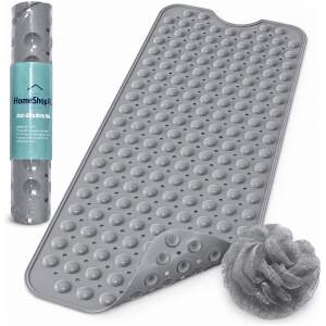 HSXL - Antislipmat - 100x40CM - Incl. Netspons - Antislip Douchemat / Badmat Grijs met Zuignappen – Mat voor in bad – Anti Slip Douche Cabine Mat – Mat voor in de Badkamer - Badkamer accessoires