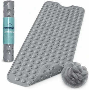 HSXL - Antislipmat - 100x40CM - Incl. Netspons - Antislip Douchemat / Badmat Grijs met Zuignappen – Mat voor in bad – Anti Slip Douche Cabine Mat – Mat voor in de Badkamer - Badkamer accessoires