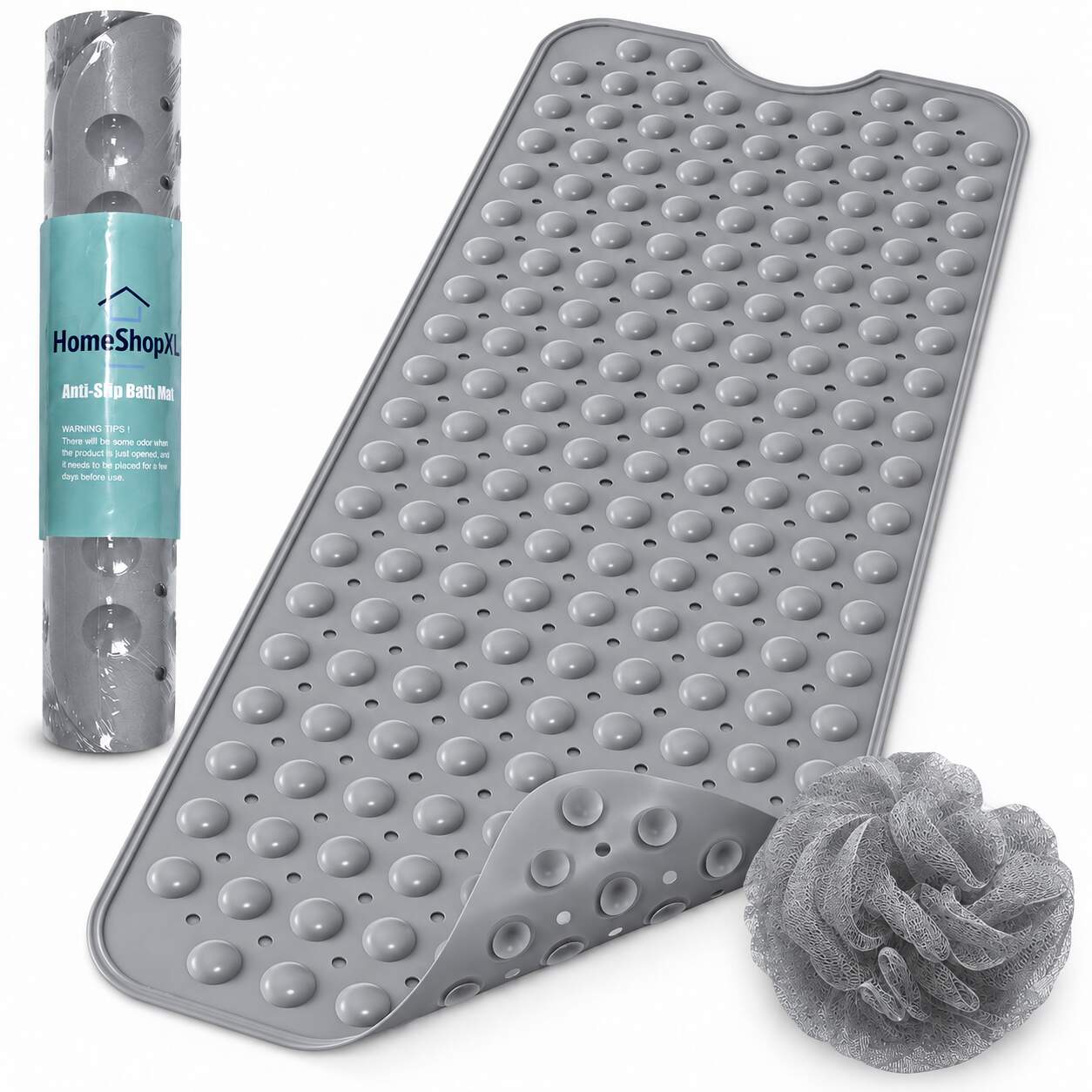 HSXL - Antislipmat - 100x40CM - Incl. Netspons - Antislip Douchemat / Badmat Grijs met Zuignappen – Mat voor in bad – Anti Slip Douche Cabine Mat – Mat voor in de Badkamer - Badkamer accessoires