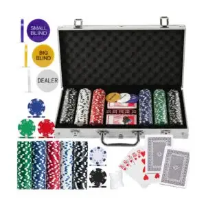 Poker Set ROYAL-FLUSH-PRO – 300 Clay Chips 10g – 2 Kaartspellen, Dobbelstenen & Dealer Buttons in Aluminium Koffer