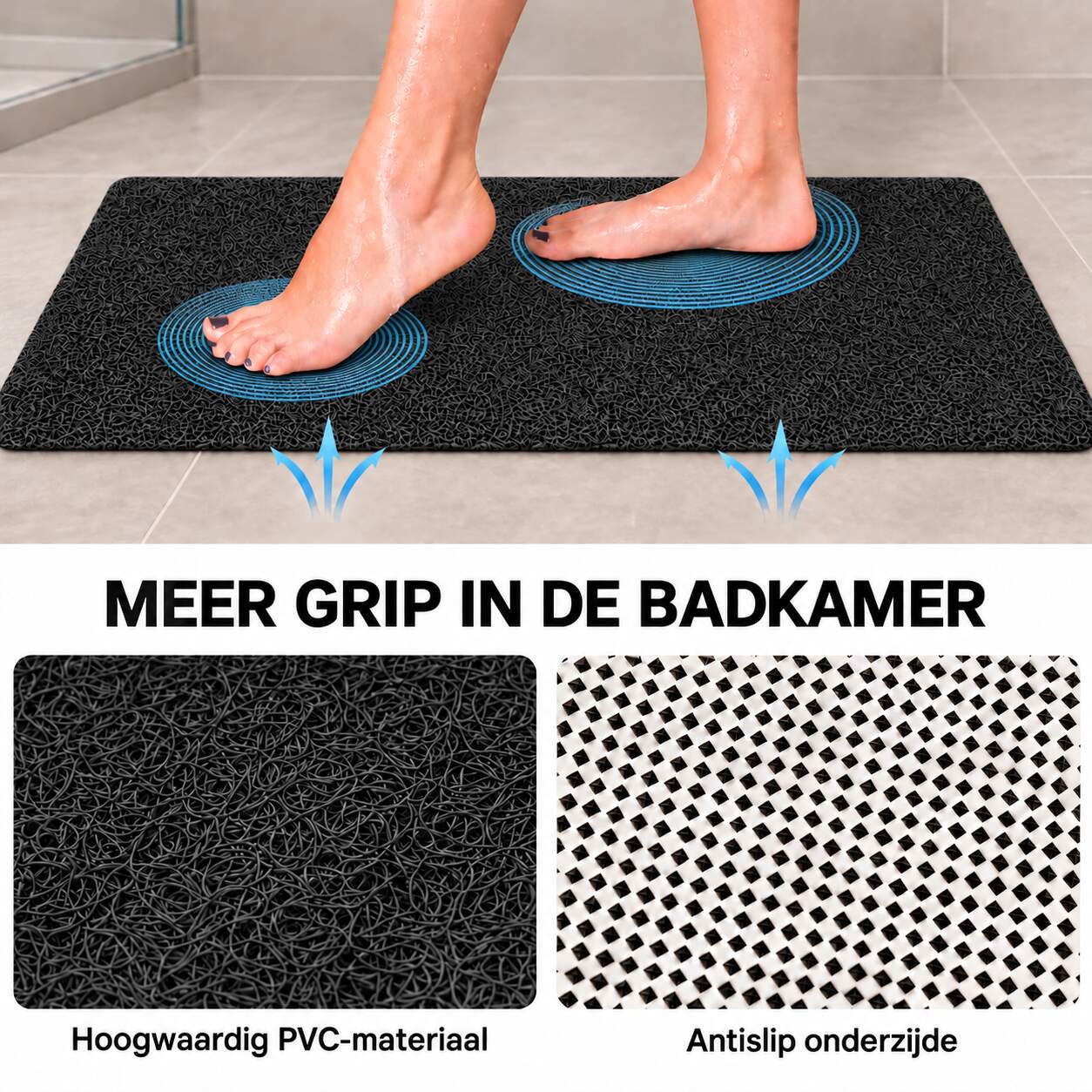 Antislipmat Douche Zacht & Waterdoorlatend - Douchemat Antislip Zwart - 70 x 40 cm - Incl. spons