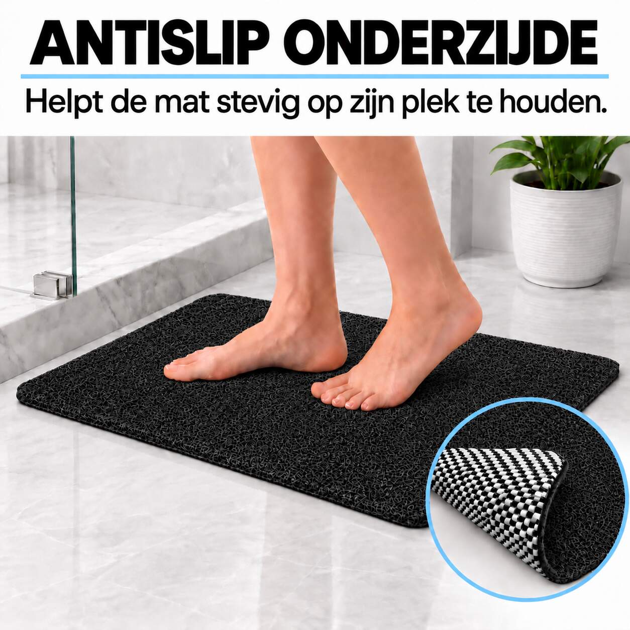 Antislipmat Douche Zacht & Waterdoorlatend - Douchemat Antislip Zwart - 70 x 40 cm - Incl. spons