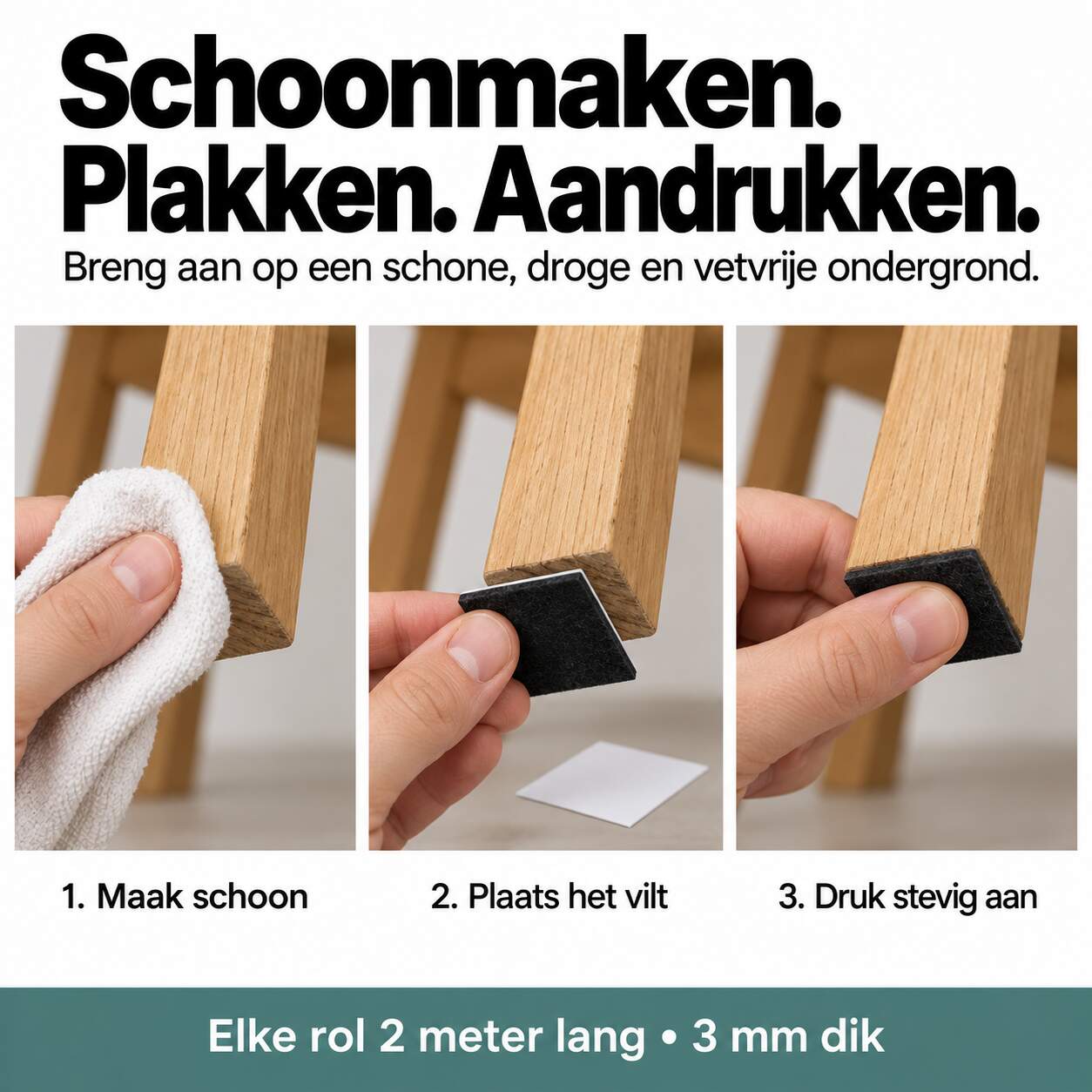 3x N'JOY LIFE Premium Vilt op Rol - 3 Rollen - 2m x 10cm / 2m x 5cm / 2m x 2,5cm - Anti Kras Meubelvilt Viltjes