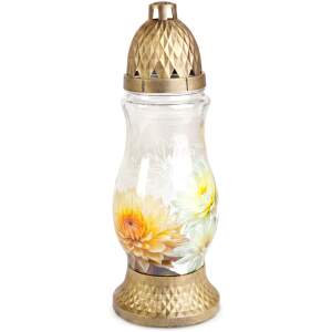 Glazen gedenkkaars met gouden plastic deksel en chrysantenversiering – 28 x 10 cm 6 Stuks [TW1029]